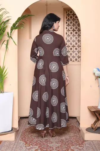 Doriyaan womens brown animal printed  anarkali kurta with dupatta set
