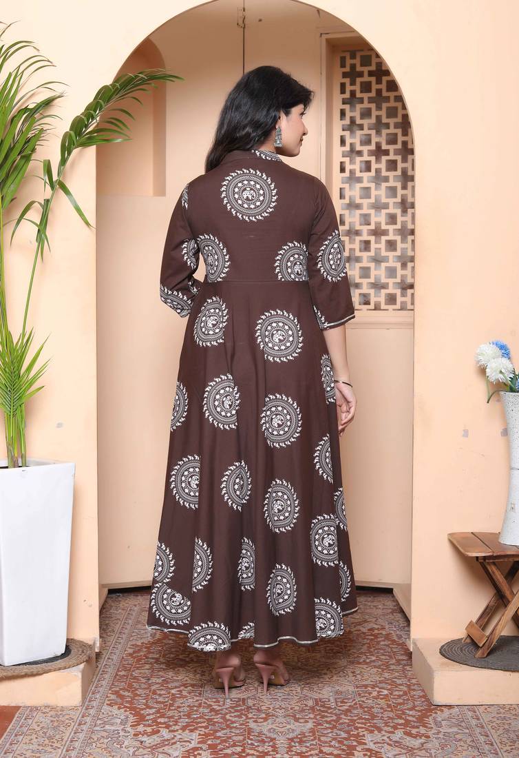 Doriyaan womens brown animal printed  anarkali kurta with dupatta set