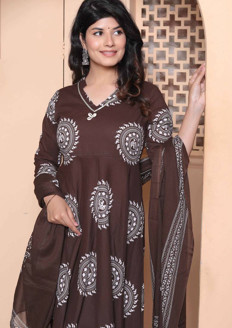 Doriyaan womens brown animal printed  anarkali kurta with dupatta set