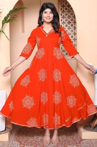 Doriyaan womens orange v-neck printed anarkali style kurta