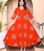 Doriyaan womens orange v-neck printed anarkali style kurta