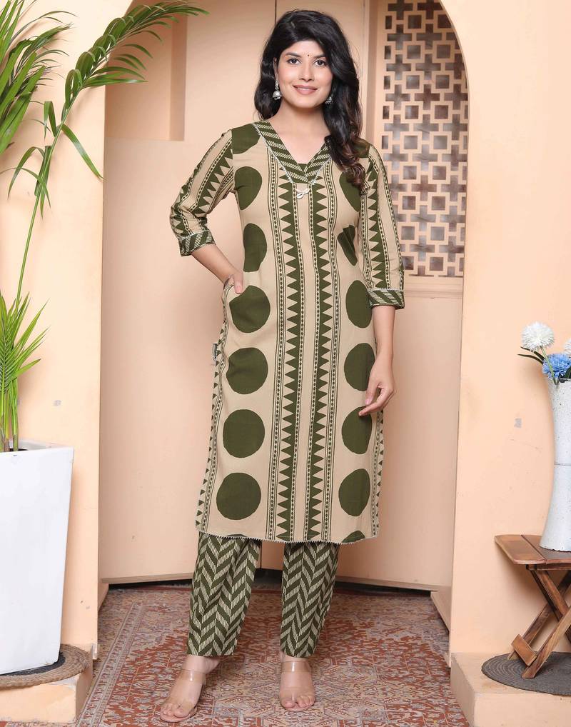  womens straight polka dot  printed green kurta with palazzo