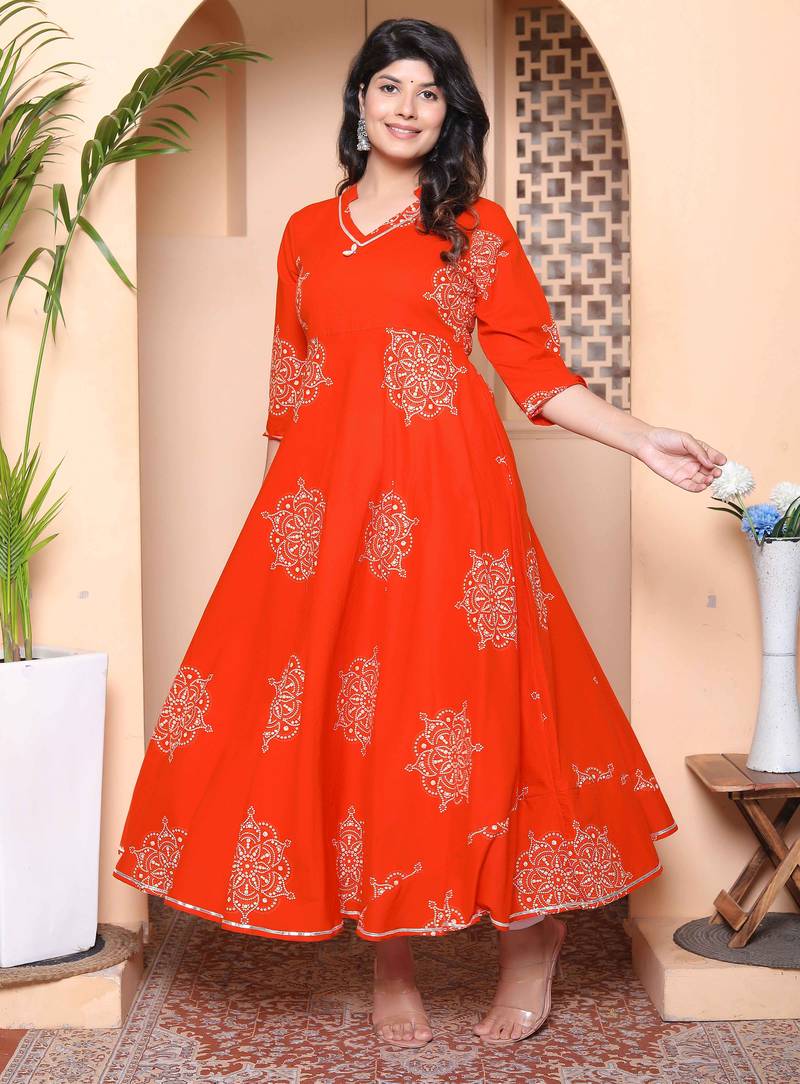 Doriyaan womens orange v-neck printed anarkali style kurta