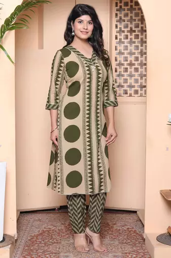  womens straight polka dot  printed green kurta with palazzo