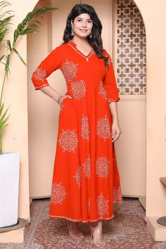 Doriyaan womens orange v-neck printed anarkali style kurta