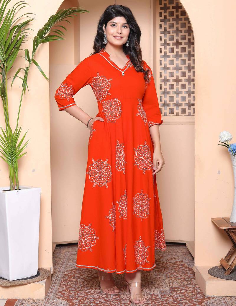 Doriyaan womens orange v-neck printed anarkali style kurta