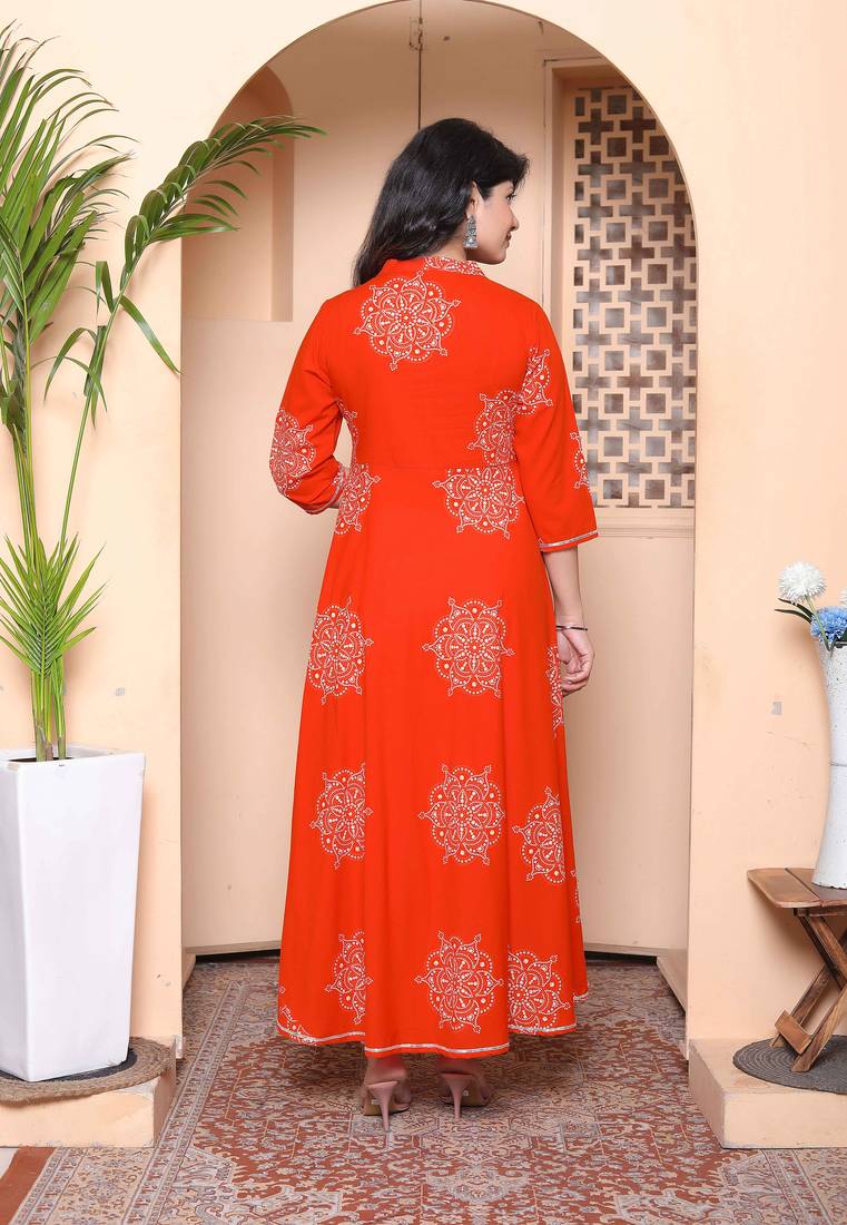 Doriyaan womens orange v-neck printed anarkali style kurta