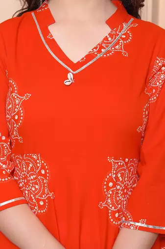 Doriyaan womens orange v-neck printed anarkali style kurta