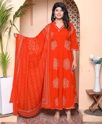 womens orange floral cotton printed anarkali kurta wit dupatta 1