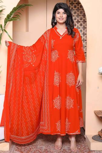 Doriyaan womens orange floral cotton printed anarkali kurta wit dupatta