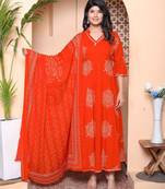 Doriyaan womens orange floral cotton printed anarkali kurta wit dupatta