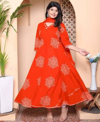 womens orange floral cotton printed anarkali kurta wit dupatta 2