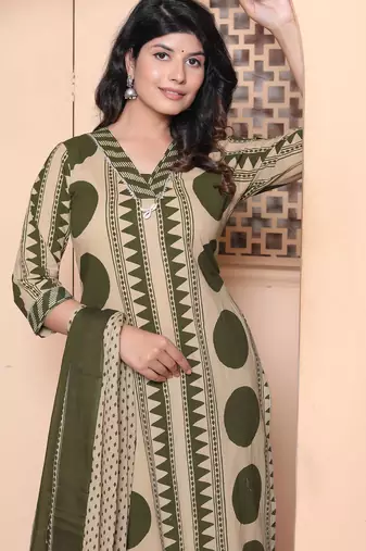  womens polka dot printed v-neck kurta with palazzo and dupatta set