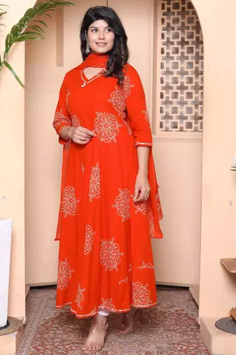 Doriyaan womens orange floral cotton printed anarkali kurta wit dupatta