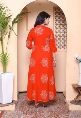womens orange floral cotton printed anarkali kurta wit dupatta 4