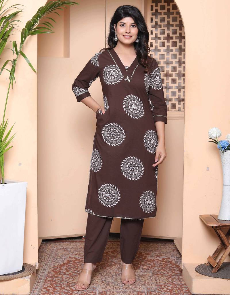  womens brown animal printed kurta with palazzo