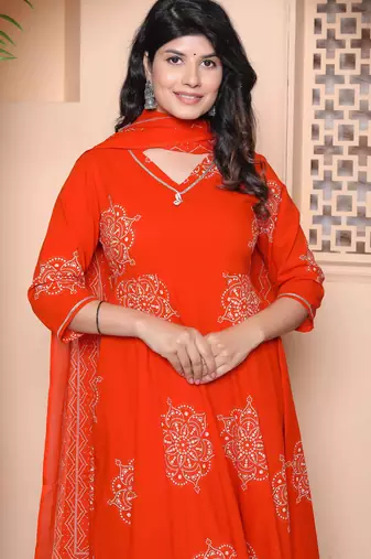 Doriyaan womens orange floral cotton printed anarkali kurta wit dupatta