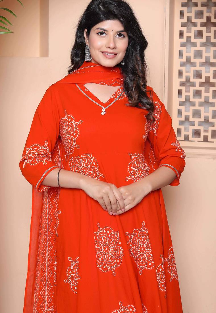 Doriyaan womens orange floral cotton printed anarkali kurta wit dupatta