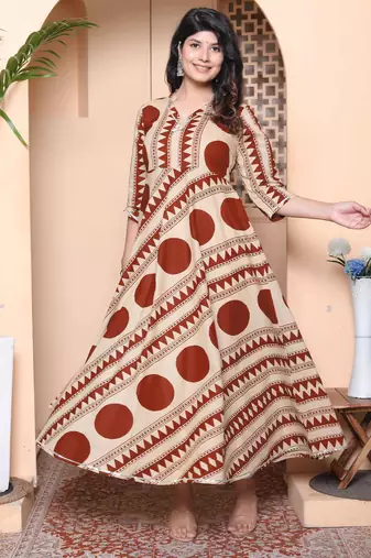 Doriyaan womens brown printed v-neck anarkali kurta