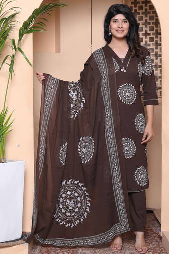  womens animal print cotton brown stitched kurta palazzo with dupatta set