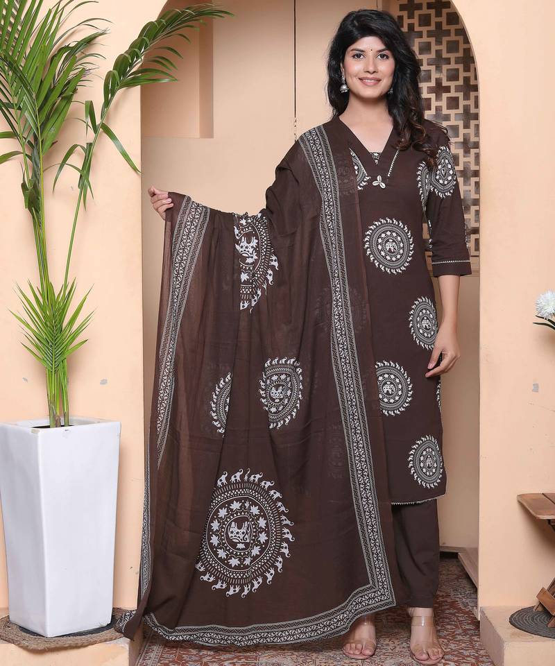  womens animal print cotton brown stitched kurta palazzo with dupatta set