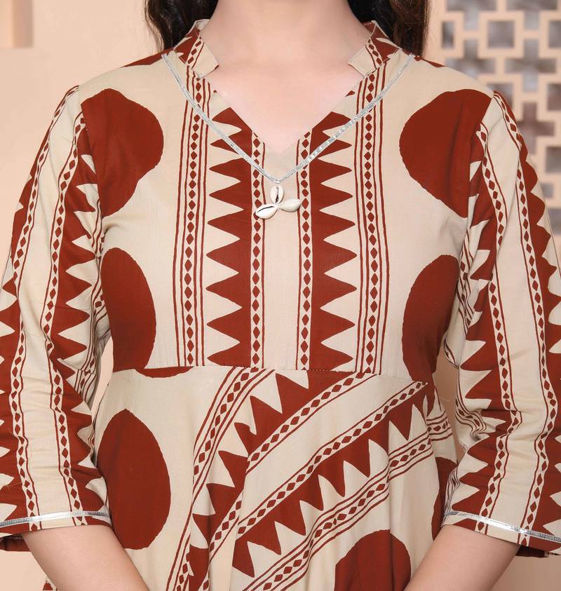 Doriyaan womens brown printed v-neck anarkali kurta