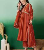 Dark-orange silk suit with dupatta