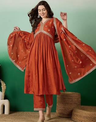 Dark-orange silk suit with dupatta 2