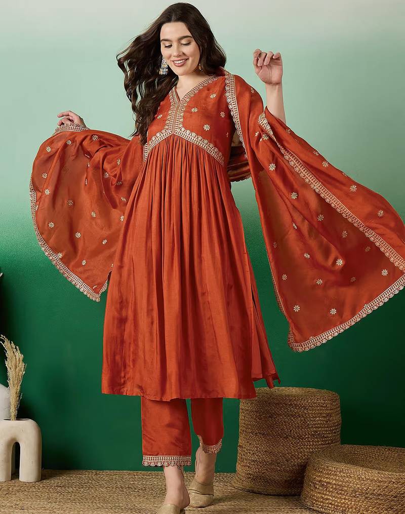 Dark-orange silk suit with dupatta