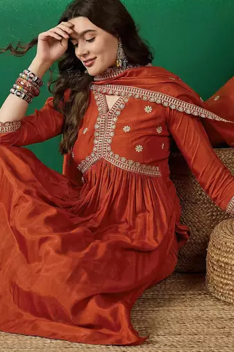 Dark-orange silk suit with dupatta