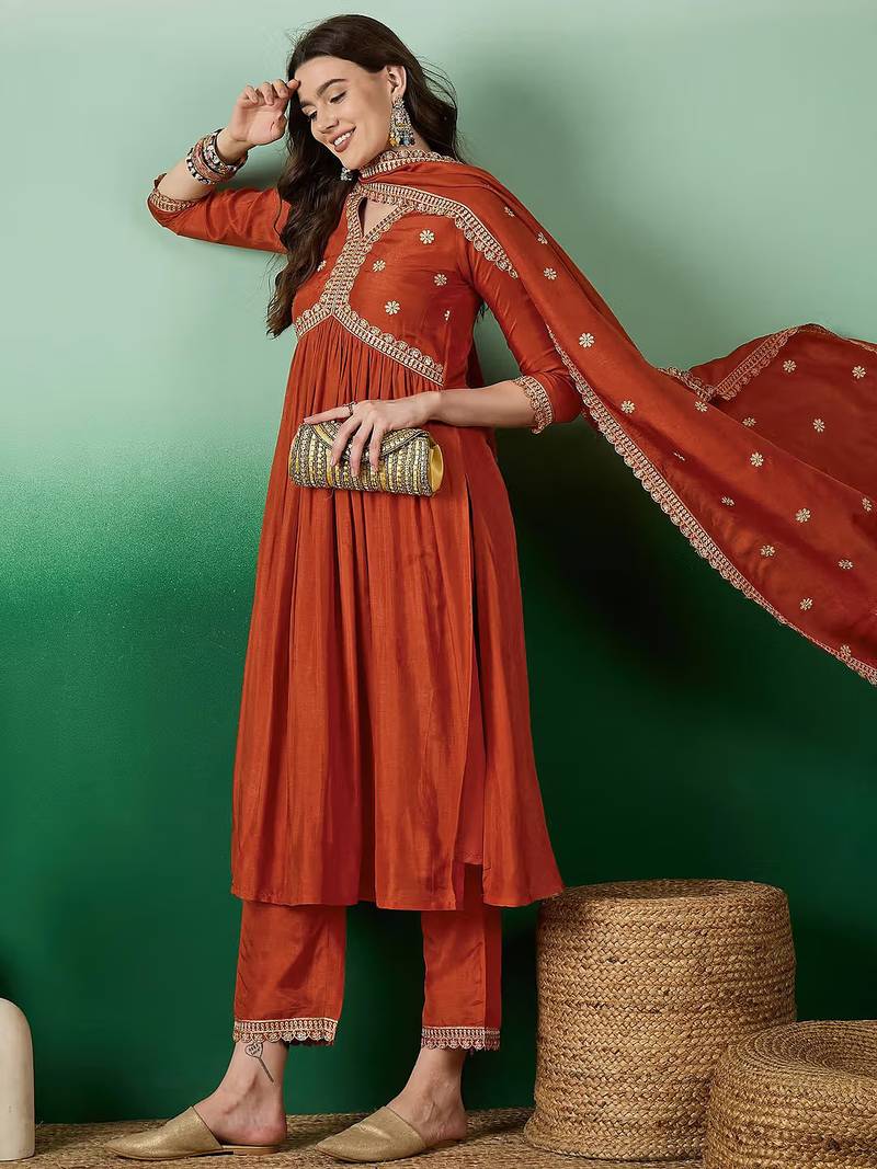 Dark-orange silk suit with dupatta
