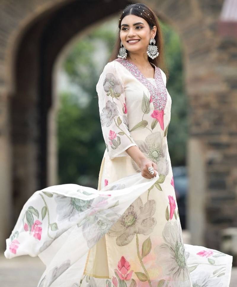 Cream floral printed suit set