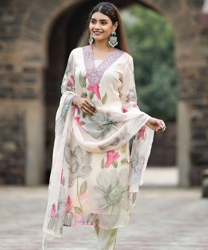 Cream floral printed suit set