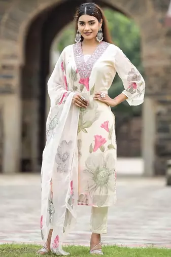 Cream floral printed suit set