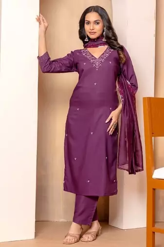 Wine embroidered suit set