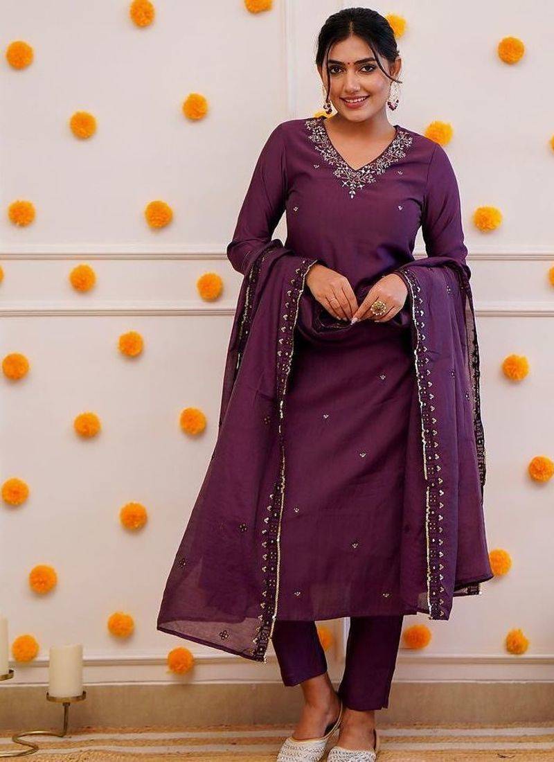 Wine embroidered suit set