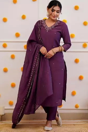 Wine embroidered suit set