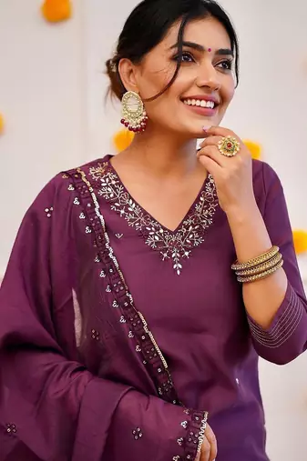 Wine embroidered suit set
