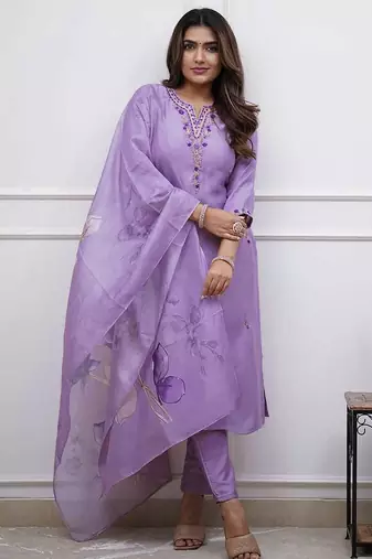 Light-purple embroidered kurta set