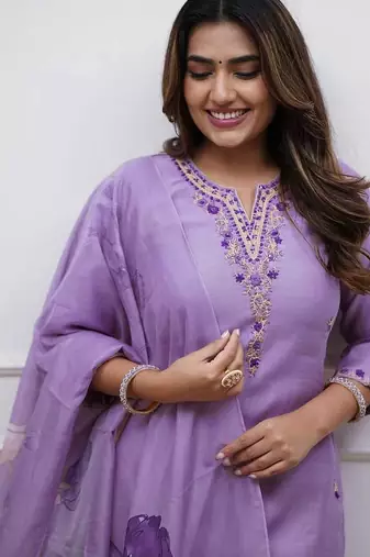 Light-purple embroidered kurta set