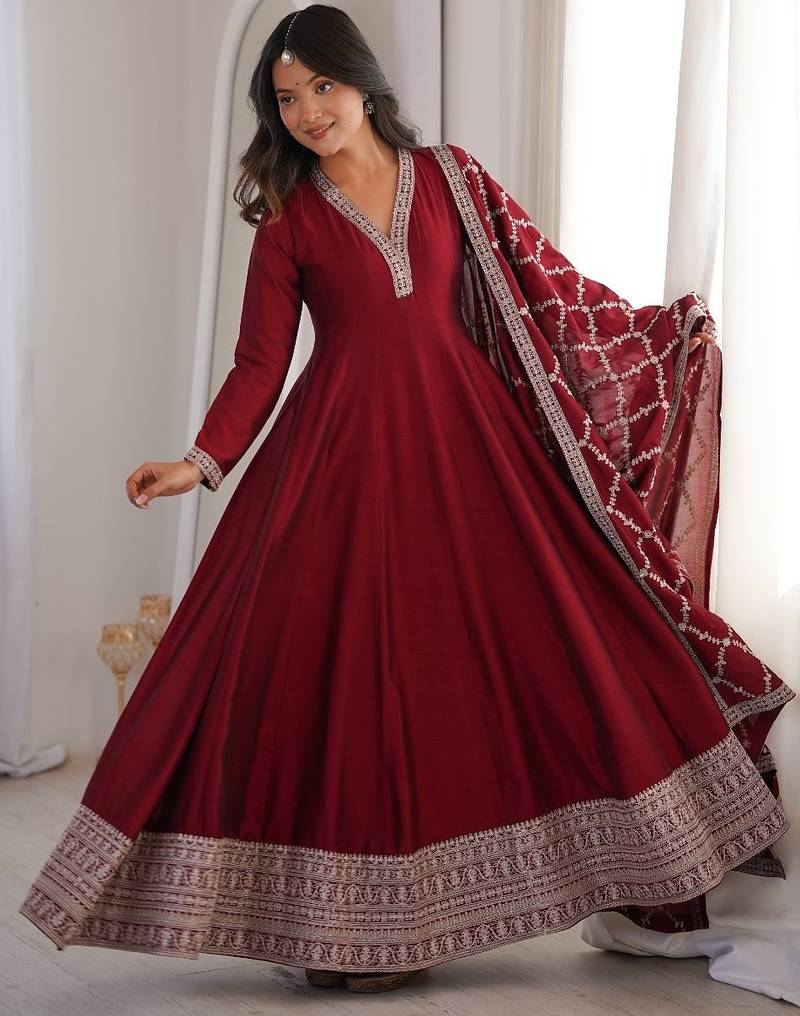 Maroon anarkali gown with dupatta