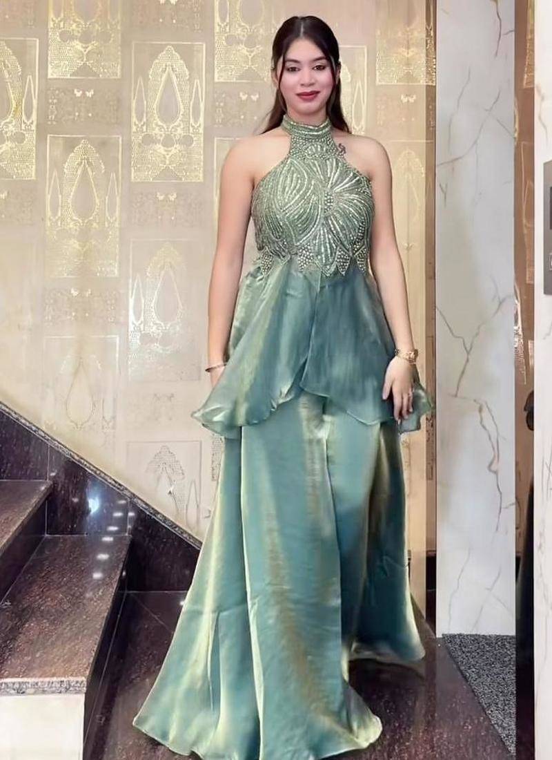 green halter palazzo set