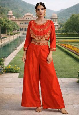 Dark-orange crop top palazzo set 1