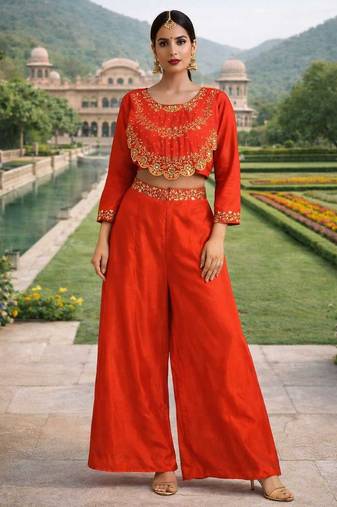 Dark-orange crop top palazzo set