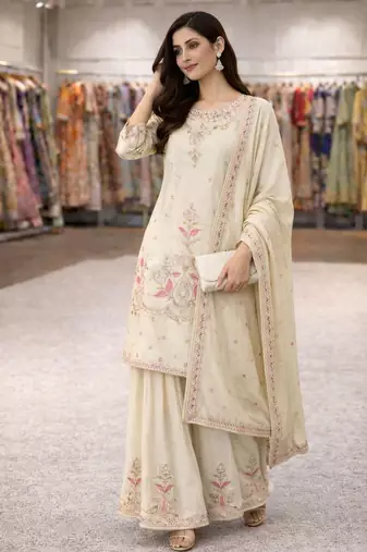 Cream floral embroidered sharara set