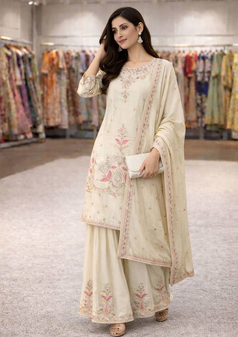 Cream floral embroidered sharara set