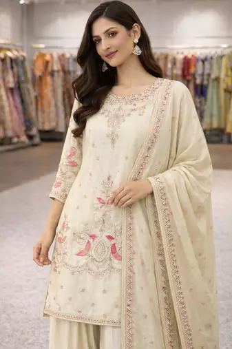Cream floral embroidered sharara set