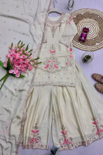 Cream floral embroidered sharara set