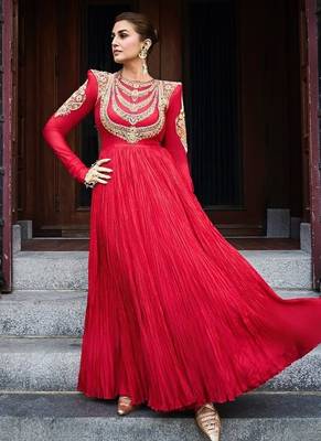 Red designer gown with gold embroidery 1