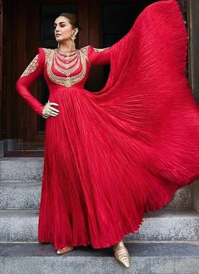 Red designer gown with gold embroidery 4